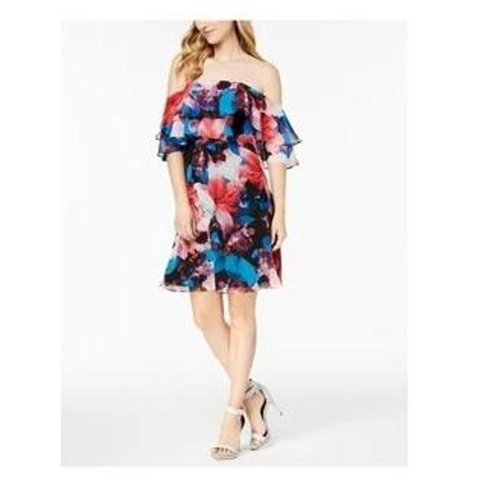Calvin Klein Womens Off-The-Shoulder Multicolor Floral Flounce Size 6 Dress NEW - Picture 2 of 7